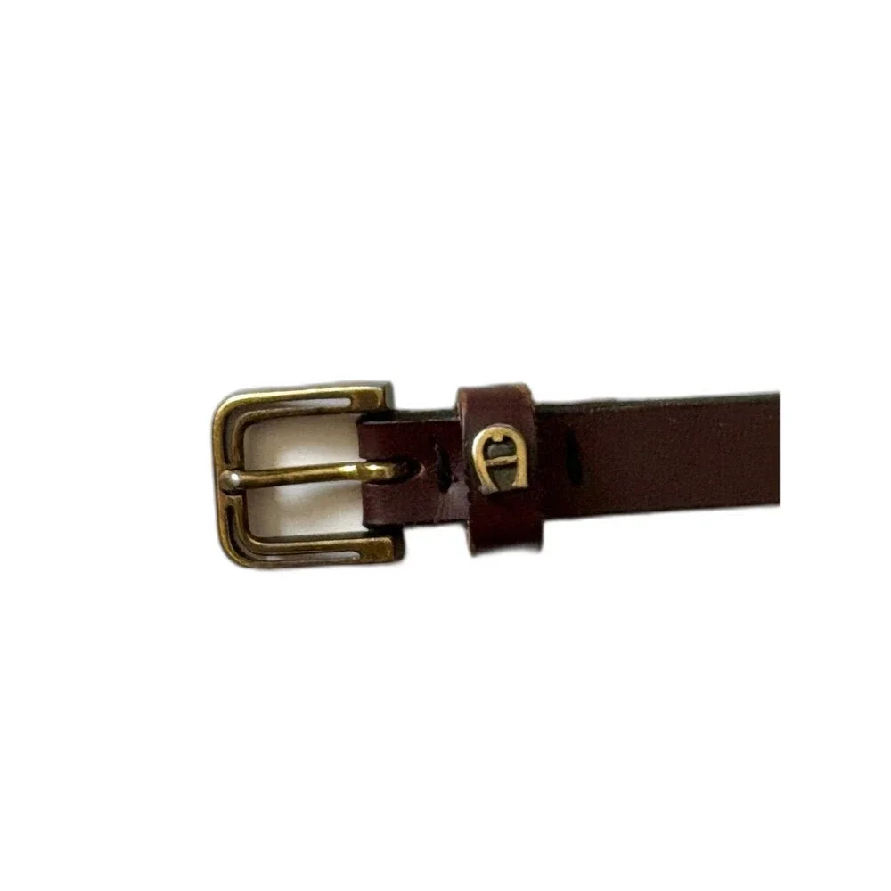 Vintage 80s Etienne Aigner Thin 5/8” Brown Leather Belt W/Brass Buckle Size 28”